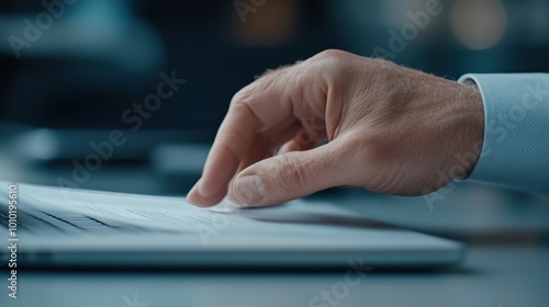 Close-up of a hand interacting with a laptop on a desk.