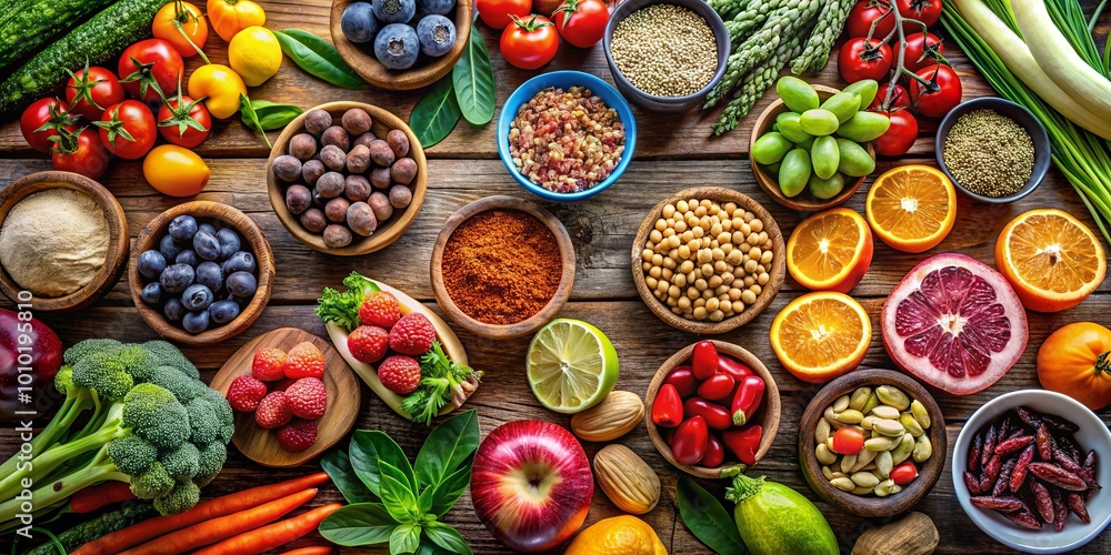 A vibrant tapestry of colorful fruits, vegetables, and grains, showcasing the bounty of nature's edible gifts A vibrant tapestry of colorful fruits, vegetables, and grains, showcasing the bounty of nature's edible gifts
