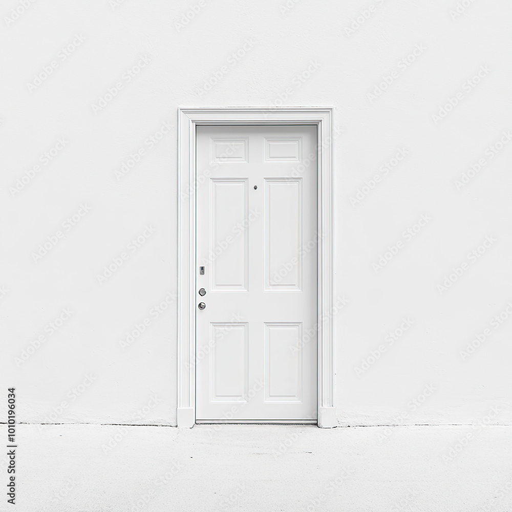 Minimalist, a white door stands in the middle of an all-white wall Minimalist, a white door stands in the middle of an all-white wall