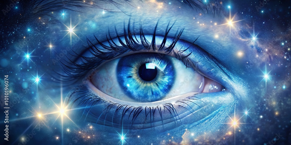 A single blue eye, reflecting the infinite vastness of the cosmos, with sparkling stars illuminating the depths of its iris. A single blue eye, reflecting the infinite vastness of the cosmos, with sparkling stars illuminating the depths of its iris.