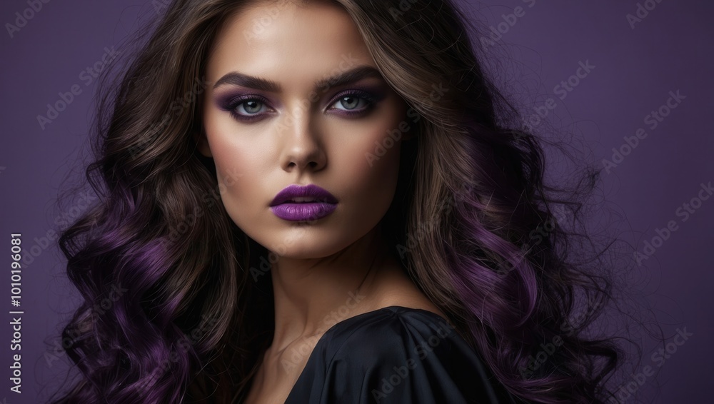 Woman with purple streaked hair and dark eye makeup, posed against purple backdrop Woman with purple streaked hair and dark eye makeup, posed against purple backdrop