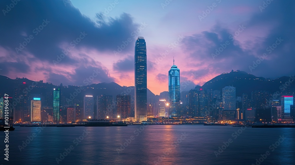 Obraz premium Hong Kong Skyline with a Purple Sunset and Calm Waters