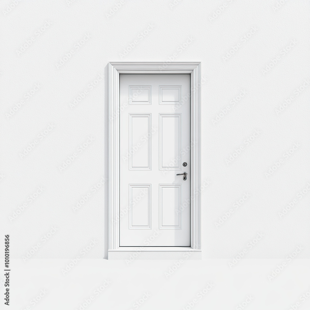Minimalist, a white door stands in the middle of an all-white wall Minimalist, a white door stands in the middle of an all-white wall