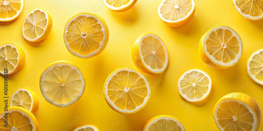 A symphony of sunshine, lemon slices scattered on a vibrant yellow canvas, each segment revealing the citrus fruit's radiant inner beauty. A symphony of sunshine, lemon slices scattered on a vibrant yellow canvas, each segment revealing the citrus fruit's radiant inner beauty.