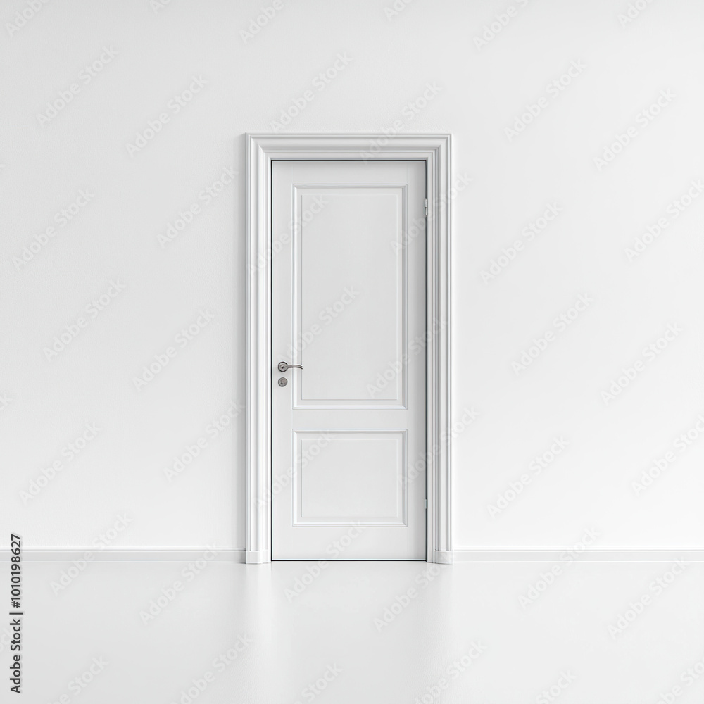 Minimalist, a white door stands in the middle of an all-white wall Minimalist, a white door stands in the middle of an all-white wall