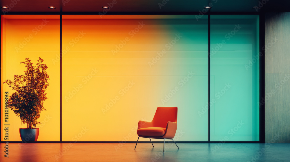 A single red chair sits in a room with large windows, bathed in warm orange and cool teal light. A single red chair sits in a room with large windows, bathed in warm orange and cool teal light.
