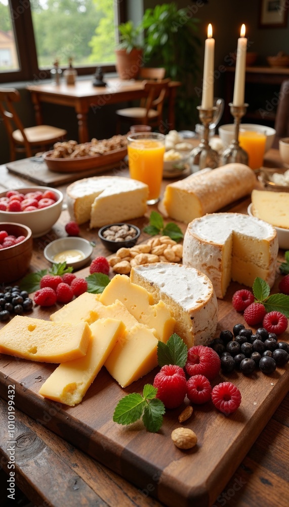 Cheese platter with assorted cheeses, vibrant mood, fruits and nuts, beautifully arranged on rustic table for cheese lovers' celebration Cheese platter with assorted cheeses, vibrant mood, fruits and nuts, beautifully arranged on rustic table for cheese lovers' celebration