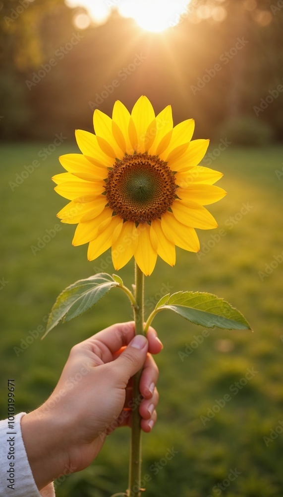 Fototapeta premium Person holding a bright sunflower with sunlight in the background at sunset 