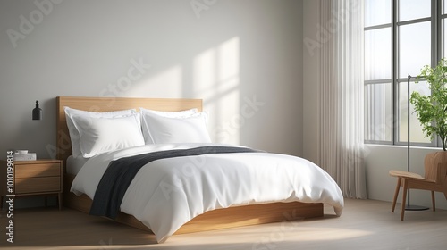 Cozy modern bedroom with natural light  white bedding  and wooden furniture.