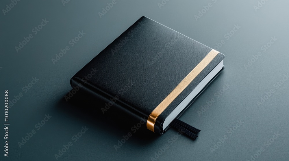 Elegant black notebook with a golden stripe on a minimalist background. Elegant black notebook with a golden stripe on a minimalist background.