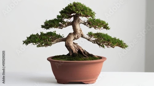 Elegant Bonsai in a Traditional Clay Pot Against a White Background photo