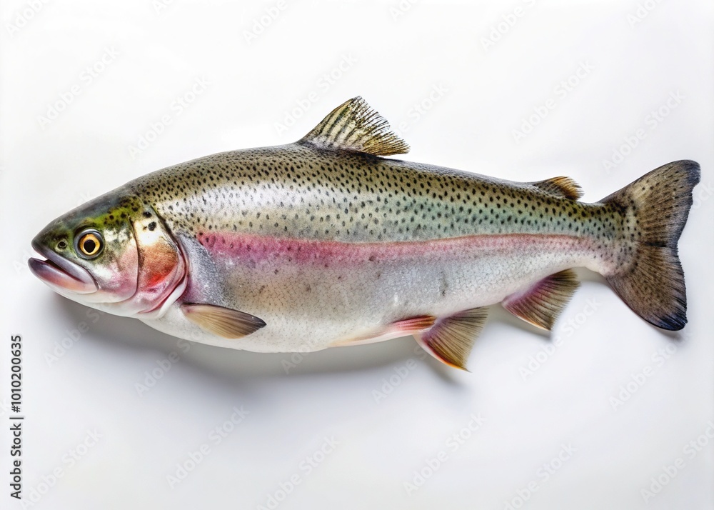 A freshly caught trout lies horizontally on a pristine white background, its iridescent scales and delicate fins showcased in stunning detail against the clean backdrop. A freshly caught trout lies horizontally on a pristine white background, its iridescent scales and delicate fins showcased in stunning detail against the clean backdrop.