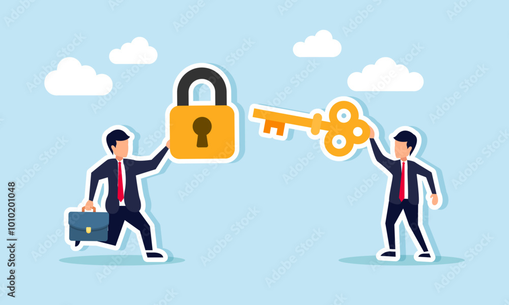 Obraz premium A businessman carries a lock while another carries a key to combine, illustration of business collaboration in finding joint solutions to business problems or a win-win solution