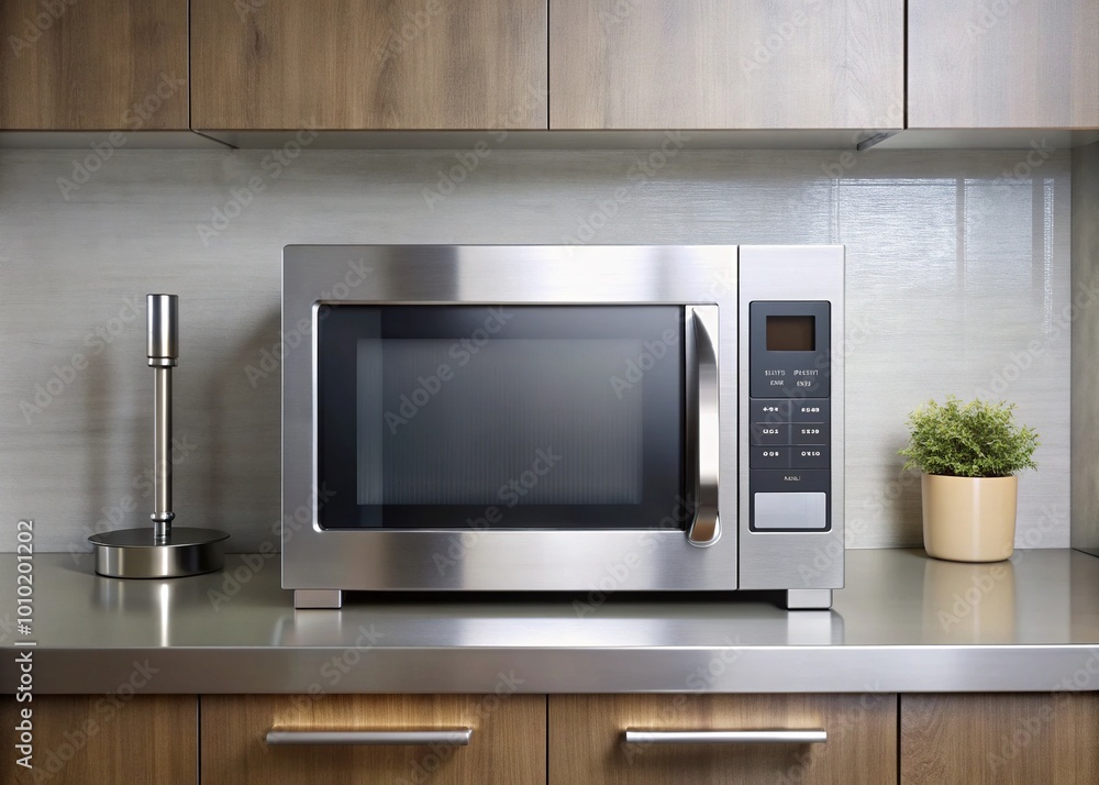 A modern, sleek microwave oven with digital display and stainless steel door, placed on a clean countertop in a minimalist kitchen setting. A modern, sleek microwave oven with digital display and stainless steel door, placed on a clean countertop in a minimalist kitchen setting.