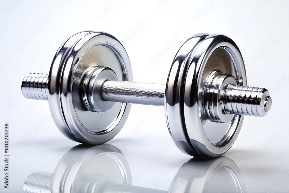 Naklejka premium A modern dumbbell lies prominently centered on a sleek white background, its metallic surface reflecting light, evoking a sense of fitness, strength, and athletic determination.