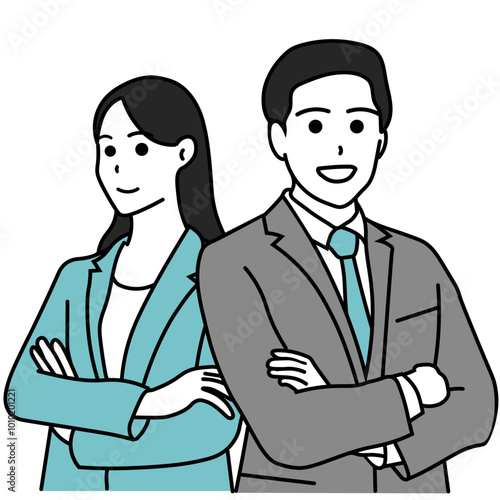 腕を組んだ自信に満ちた男女のイラスト