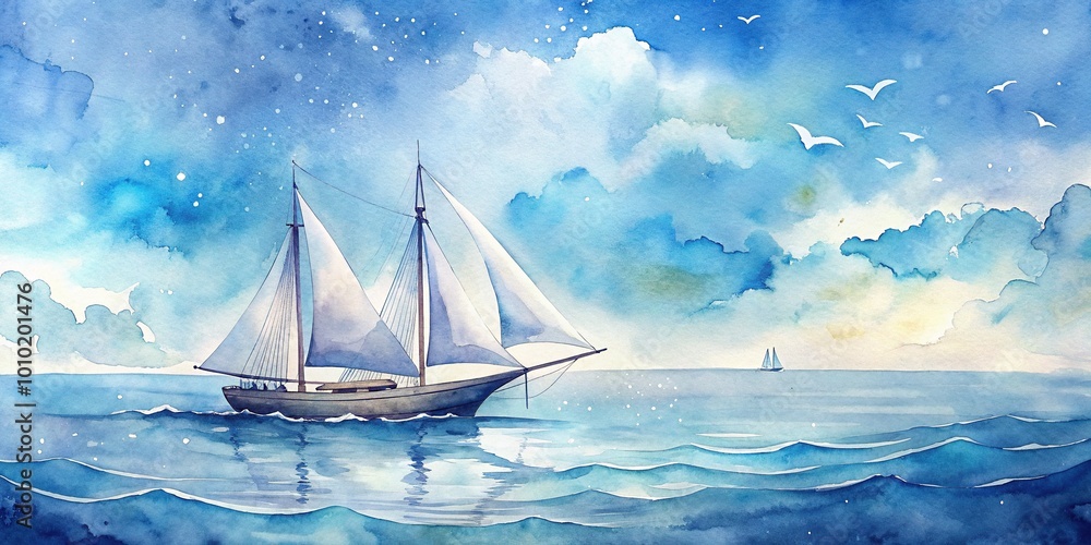 Fototapeta premium A serene blue sailboat with billowing white sails glides across a tranquil sea, adorned with delicate illustrative lines and whimsical textures in a dreamy watercolor drawing.
