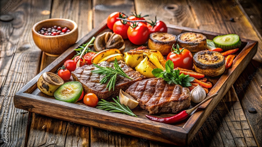 A Rustic Wooden Platter Filled with Grilled Steaks, Vegetables, and Herbs, Ready for a Hearty Meal A Rustic Wooden Platter Filled with Grilled Steaks, Vegetables, and Herbs, Ready for a Hearty Meal