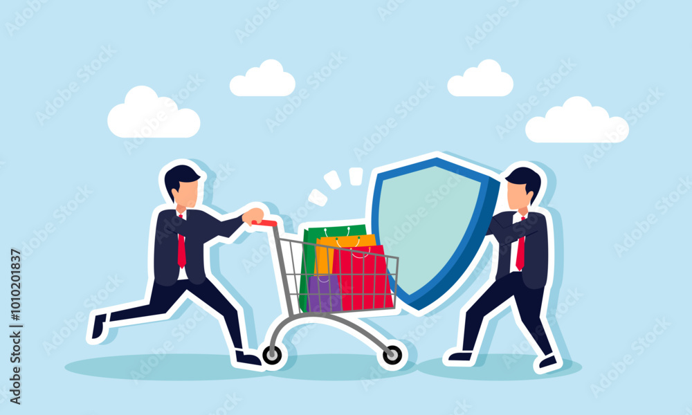 Obraz premium A businessman with a cart filled with shopping bags is blocked by another holding a shield, illustration of the rejection of budget expenses exceeding the management fee in a company