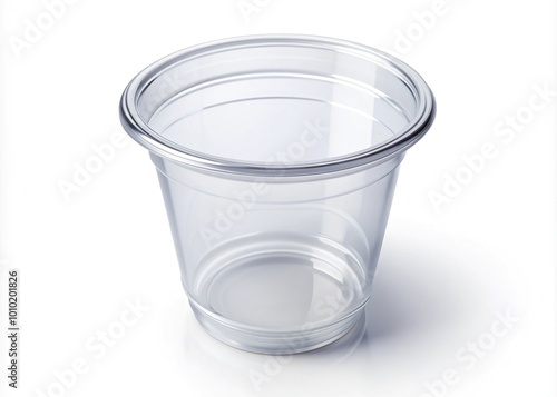 A solo, transparent, plastic cup sits isolated on a white background, its rounded body and curved rim exposed in a crisp, overhead perspective.