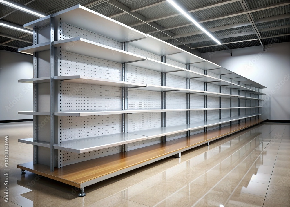 A tidy, well-lit store shelf waits to be stocked, with a subtle reflection on the polished floor beneath its barren surface. A tidy, well-lit store shelf waits to be stocked, with a subtle reflection on the polished floor beneath its barren surface.