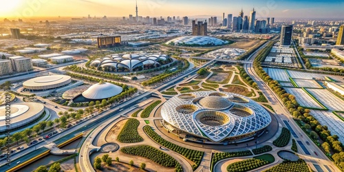 Bird's eye view of the Expo 2020 Dubai site in the United Arab Emirates, showcasing a sprawling complex of modern pavilions and futuristic architecture. photo