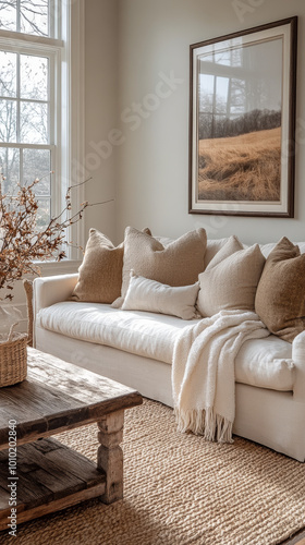 Cozy living room with a white couch  a jute rug and a large landscape painting.