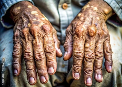 Close-up of weathered, discolored, and deformed hands, fingers nodular with lesions, illustrating the physical effects of leprosy, a chronic bacterial infection. photo