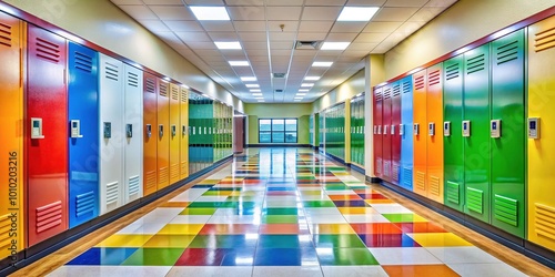 Colorful lockers line a bright  well-lit elementary school hallway with a freshly polished floor  adorned with inspirational posters and bustling with youthful energy.