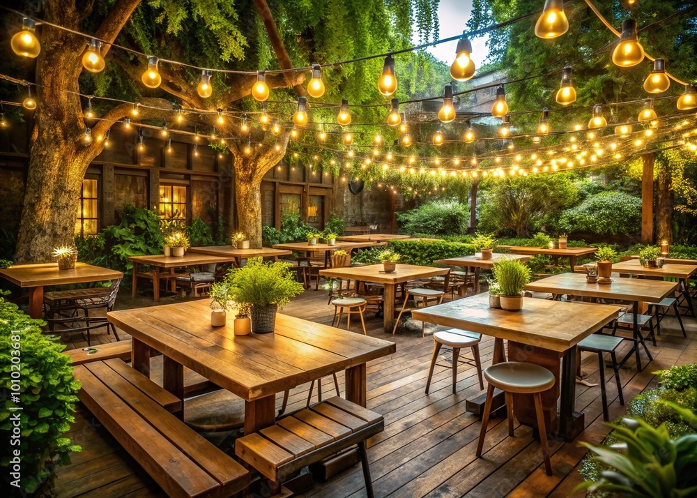Cozy outdoor seating area at a rustic restaurant surrounded by lush greenery, wooden tables, and twinkling string lights on a warm summer evening. Cozy outdoor seating area at a rustic restaurant surrounded by lush greenery, wooden tables, and twinkling string lights on a warm summer evening.
