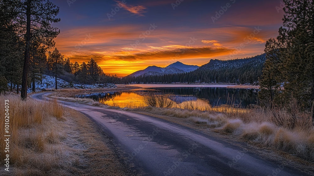 The empty road leading to the lake by sunset The empty road leading to the lake by sunset
