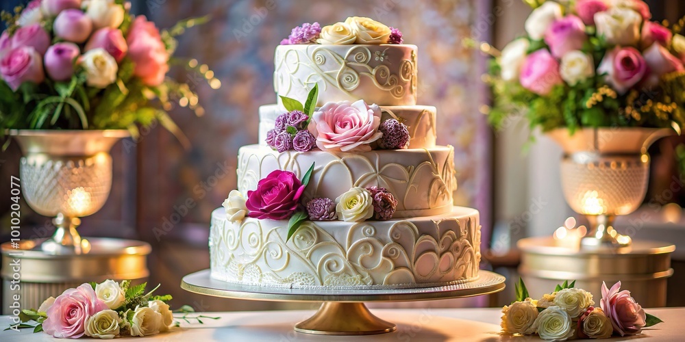 Delicate, multi-layered wedding cake adorned with intricate flowers and swirling patterns, showcasing a beautifully arranged and visually stunning dessert on a decorative pedestal. Delicate, multi-layered wedding cake adorned with intricate flowers and swirling patterns, showcasing a beautifully arranged and visually stunning dessert on a decorative pedestal.