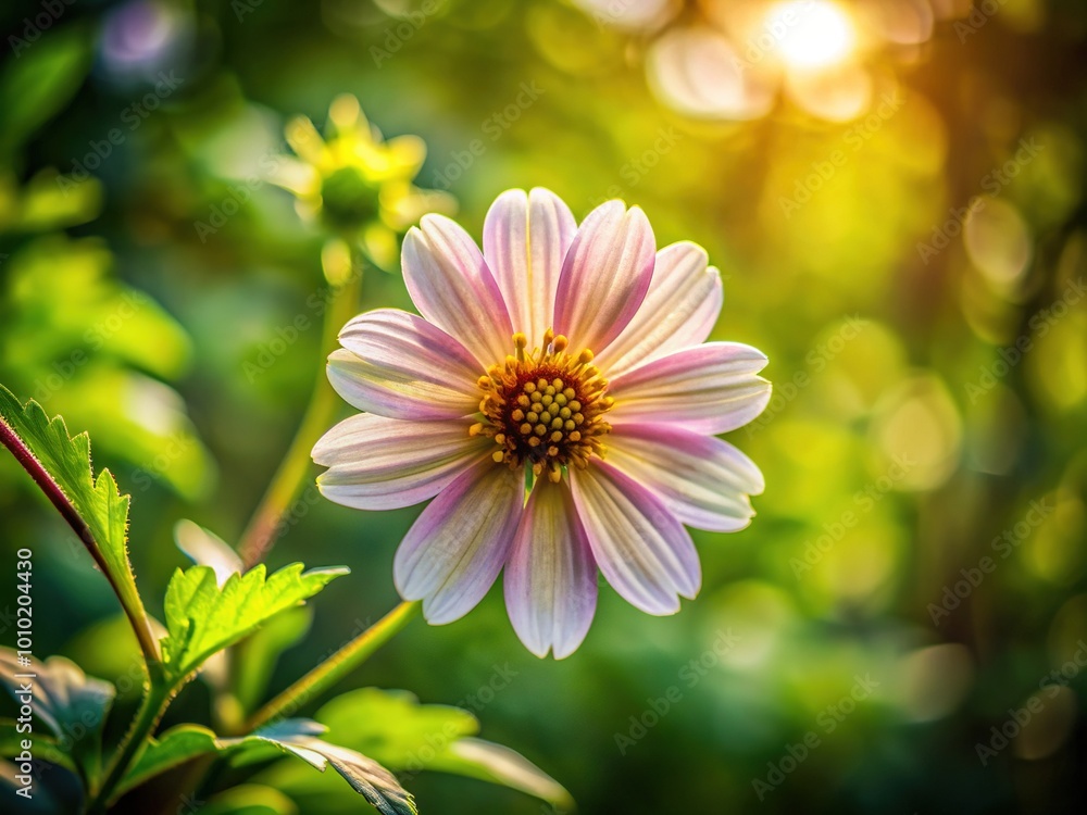Fototapeta premium Delicate petals of a blooming wildflower unfold against a blurred background of lush green foliage, symbolizing harmony between nature and environmental sustainability.