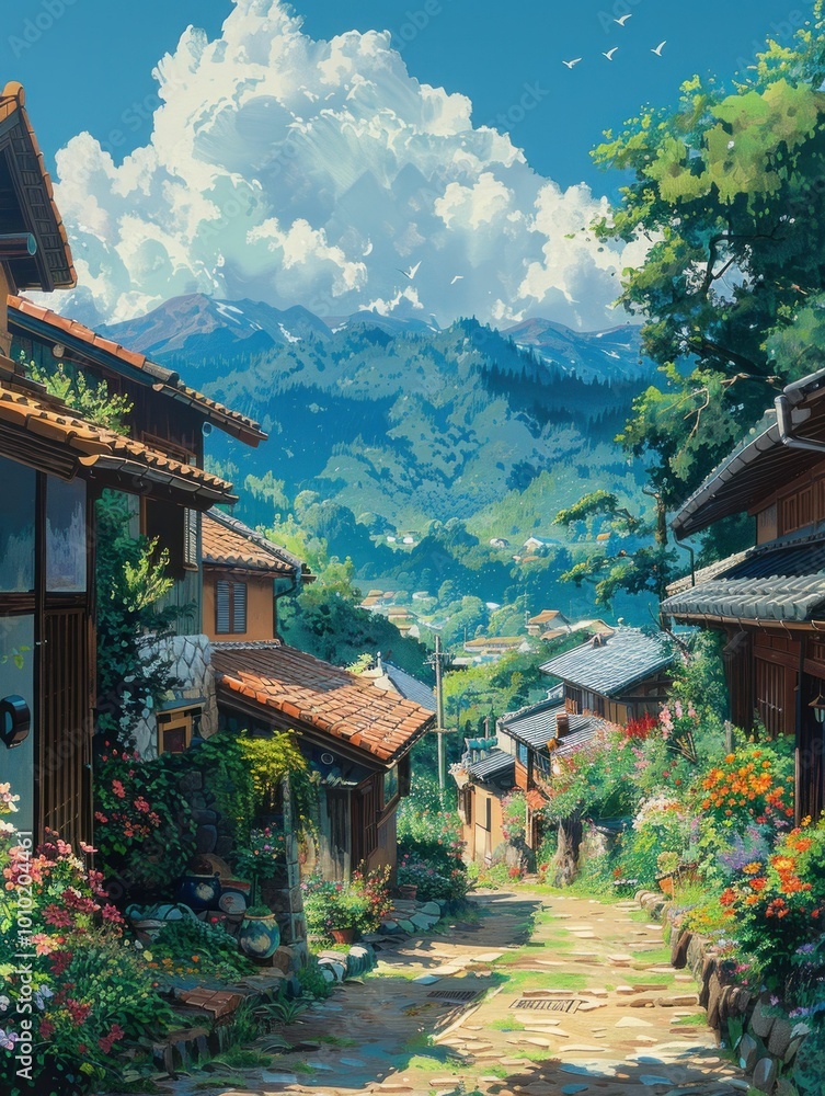 picturesque village, mountain landscape, blooming gardens, vibrant colors, sunny day, tranquil scene, nature escape, harmonious living, serene atmosphere, rural charm, traditional houses, scenic view picturesque village, mountain landscape, blooming gardens, vibrant colors, sunny day, tranquil scene, nature escape, harmonious living, serene atmosphere, rural charm, traditional houses, scenic view