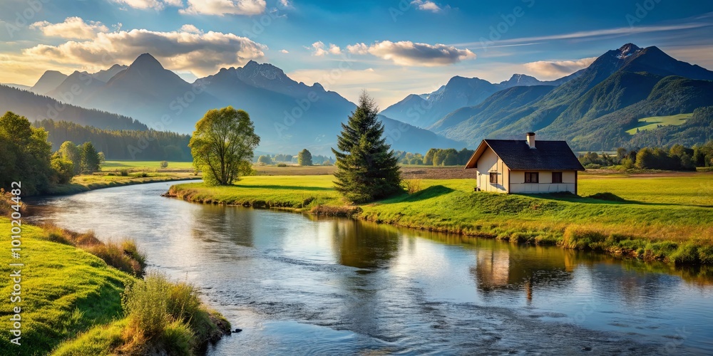 A Serene River Winding Through Verdant Meadows With A Small Cottage Nestled On Its Banks, All Set Against A Stunning Mountain Range In The Distance A Serene River Winding Through Verdant Meadows With A Small Cottage Nestled On Its Banks, All Set Against A Stunning Mountain Range In The Distance