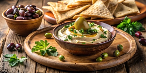 Delicious Mediterranean appetizer featuring creamy hummus dip surrounded by fresh olives, garnished with parsley and served with crispy pita chips on a rustic wooden board.