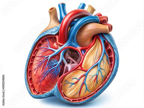 Detailed illustration of a human heart's internal structure, highlighting the tricuspid, pulmonary, mitral, and aortic valves, with precise anatomy and vibrant colors. photo