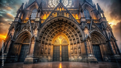 Elegant black gothic arches and ornate stone carvings adorn the entrance of a mysterious, ancient cathedral shrouded in mist and eerie, golden light.