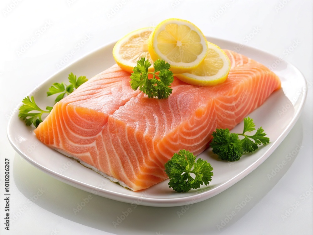 Freshly caught salmon fillet with vibrant pink flesh, arranged on a white plate, garnished with lemon slices and parsley, against a clean background. Freshly caught salmon fillet with vibrant pink flesh, arranged on a white plate, garnished with lemon slices and parsley, against a clean background.