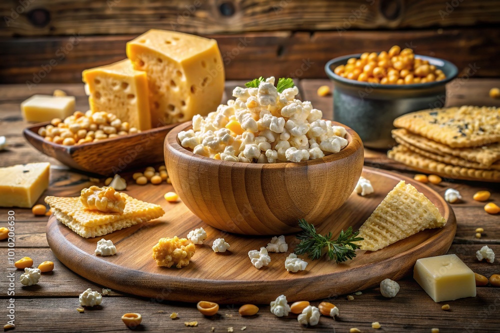 Freshly popped kernels overflow from a wooden bowl, surrounded by an assortment of artisanal cheeses, crackers, and garnishes, on a rustic wooden table setting. Freshly popped kernels overflow from a wooden bowl, surrounded by an assortment of artisanal cheeses, crackers, and garnishes, on a rustic wooden table setting.