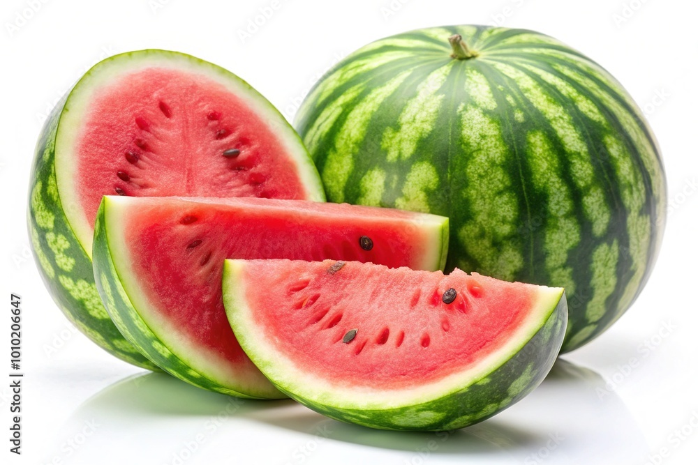 Freshly sliced juicy watermelon on a white background, revealing its vibrant green rind, crisp white center, and succulent pink flesh, ready for summertime enjoyment. Freshly sliced juicy watermelon on a white background, revealing its vibrant green rind, crisp white center, and succulent pink flesh, ready for summertime enjoyment.