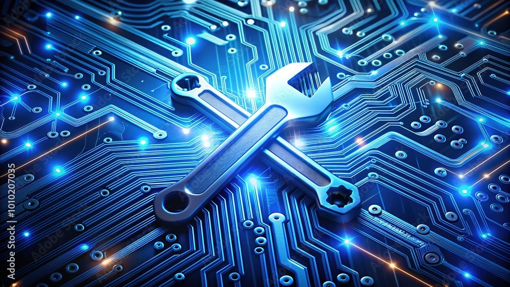 Glowing blue circuit board fragments and screws surround a silver wrench, forming a futuristic computer building icon with a technical, innovative atmosphere. Glowing blue circuit board fragments and screws surround a silver wrench, forming a futuristic computer building icon with a technical, innovative atmosphere.
