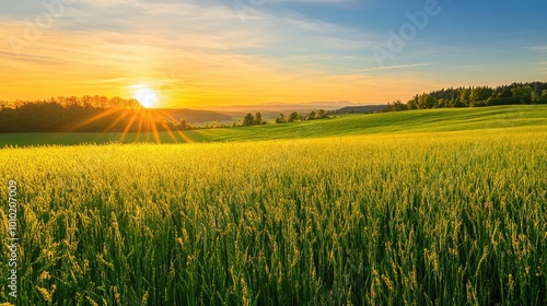 Tall flowering grass on green meadow at sunrise or sunset