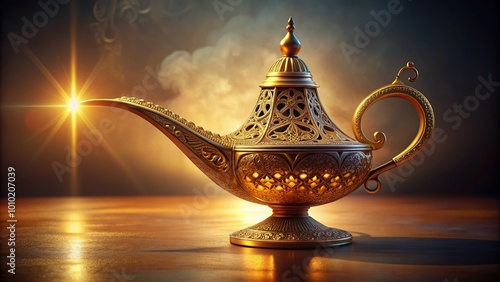 Golden Arabian lamp with intricate patterns and handles, sitting alone on a subtle gradient background, evoking mystique and wonder, awaiting its next wish-granting adventure.