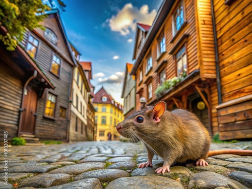 In Norway's charming streets, a curious brown rat sniffs around ancient wooden buildings, exploring hidden alleys and cobblestone roads in the historic town center. photo