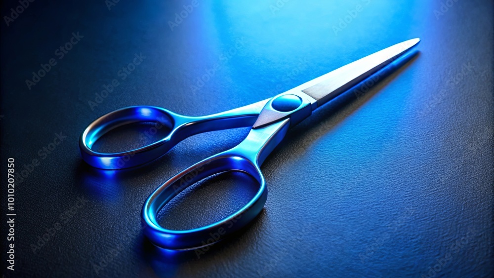 A metallic blue scissors lying on a dark textured surface under a cool blue light. A metallic blue scissors lying on a dark textured surface under a cool blue light.