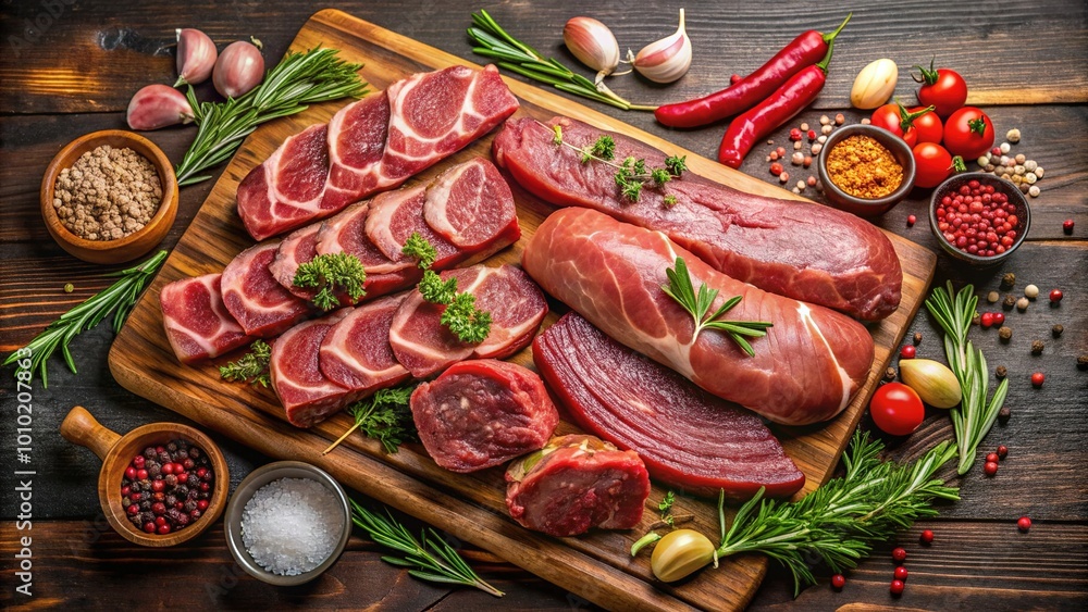 Juicy cuts of beef, pork, and lamb surround a savory assortment of sausages and steaks, arranged artfully on a rustic wooden cutting board. Juicy cuts of beef, pork, and lamb surround a savory assortment of sausages and steaks, arranged artfully on a rustic wooden cutting board.