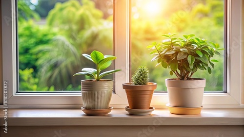 Sunlight Illuminates a Windowsill Adorned with Three Thriving Potted Plants, Providing a Touch of Nature's Tranquility to the Room