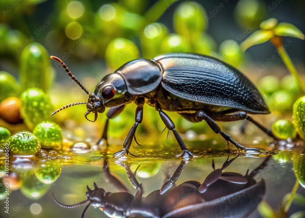 Macro shot of a crawling water scavenger beetle, its shiny black elytra and legs reflecting light amidst tiny water droplets and blurred green aquatic plants. Macro shot of a crawling water scavenger beetle, its shiny black elytra and legs reflecting light amidst tiny water droplets and blurred green aquatic plants.