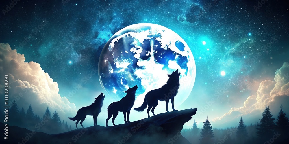 Naklejka premium Majestic wolf silhouette pack howls at moonlit sky, amidst stylized abstract shapes and textures, evoking primal power and mystique in a modern vector illustration.